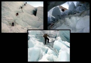 A few select Sherpas known as the Icefall Doctors build the intricate route through the Khumbu Icefall. Because the Icefall shifts daily, they maintain and fix the route throughout the season. (photos: Dave Hahn)