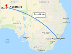 Map showing the flight from Sydney to Uluru across the Australian outback