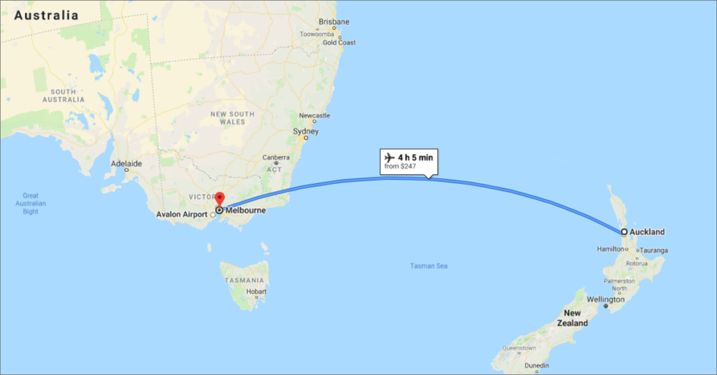 Flight path from Aukland, NZ, to Melbourne, Australia